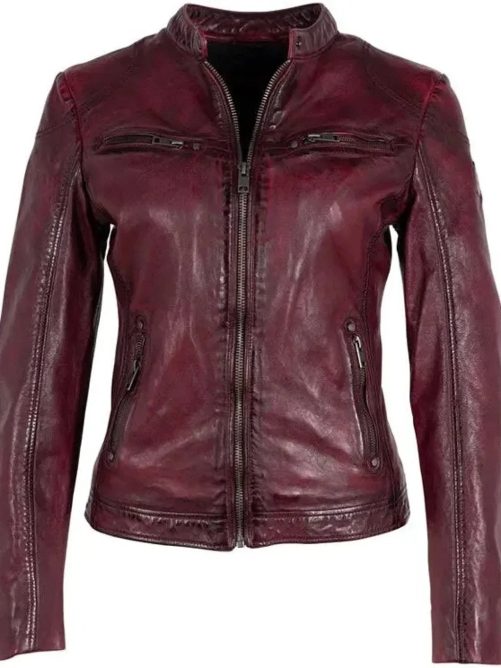 Women's Burgundy Leather Moto Jacket